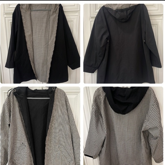 Jones of New York Black Houndstooth Reversible Hooded Jacket Sz Large Raincoat - Picture 1 of 16